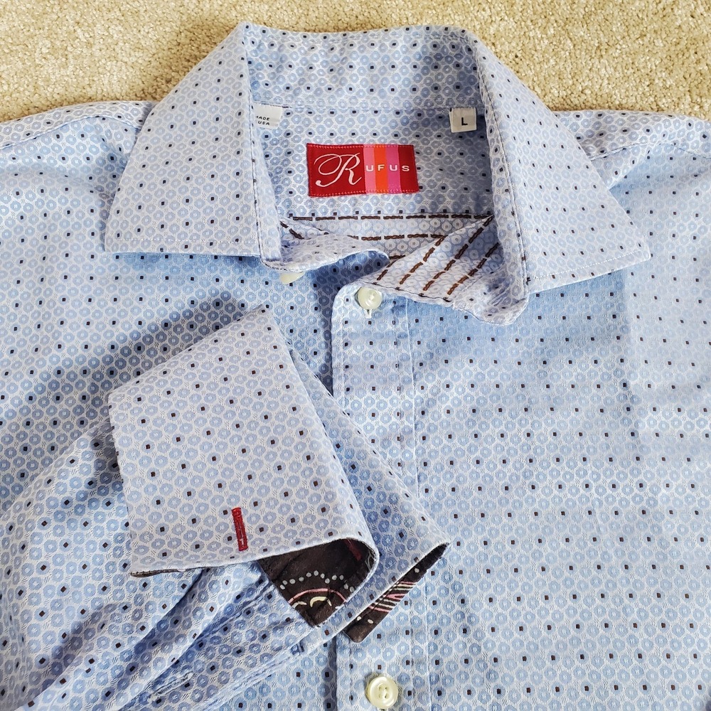 RUFUS Men's Shirt Size L Large Blue Geometric Design Contrasting French Cuffs